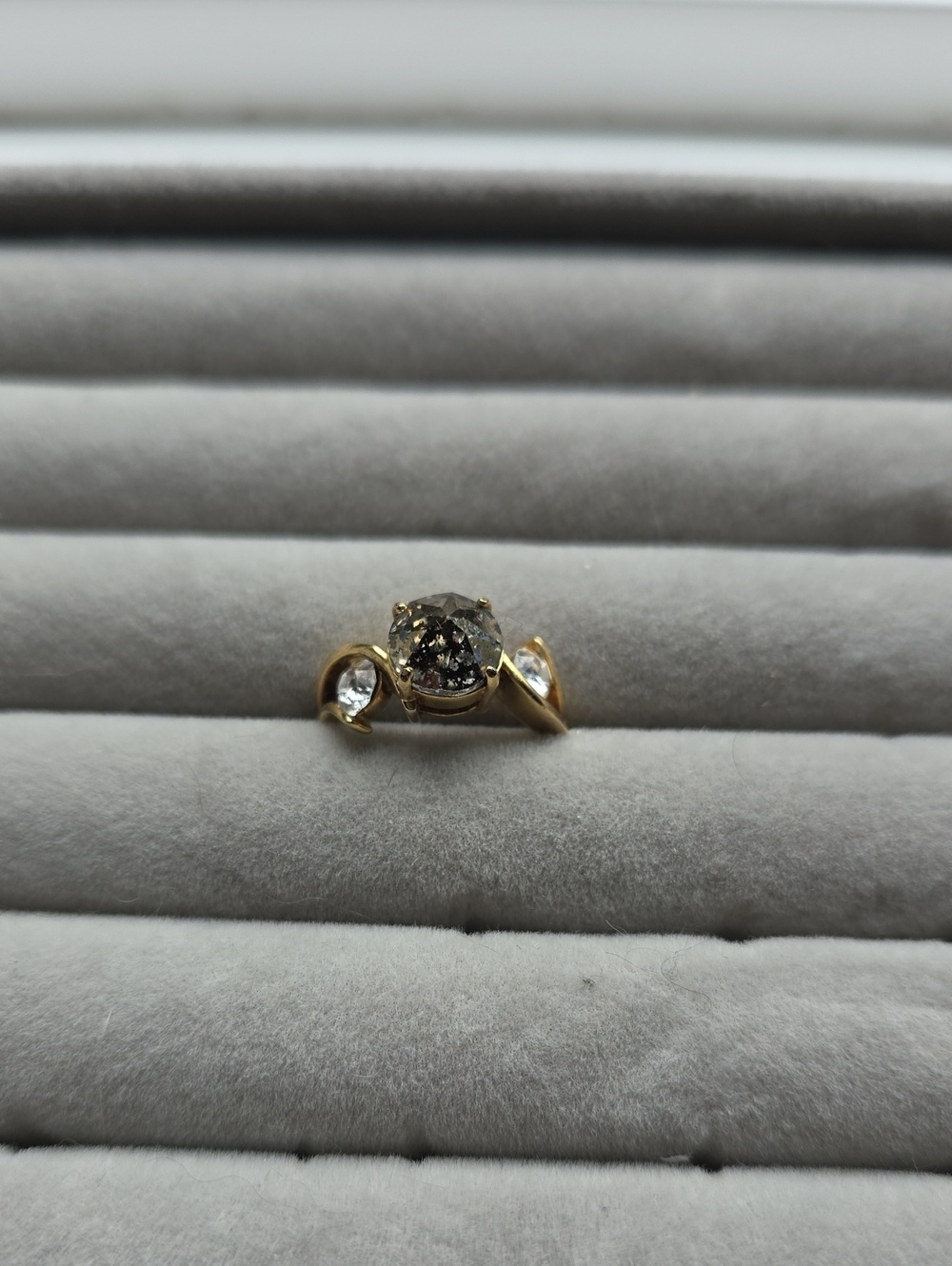 Gold Engagement Ring with Center Black Diamond and Side White Stones